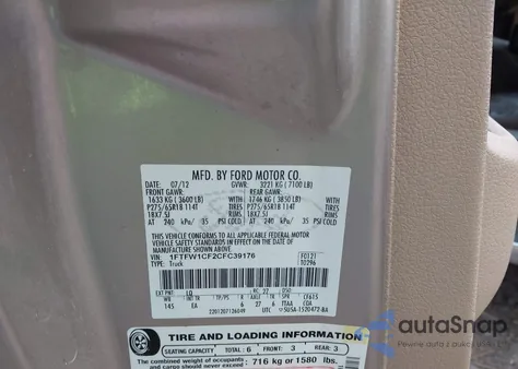 2012 Ford F-150 Lariat z USA, uszkodzony, nr VIN 1FTFW1CF2CFC39176